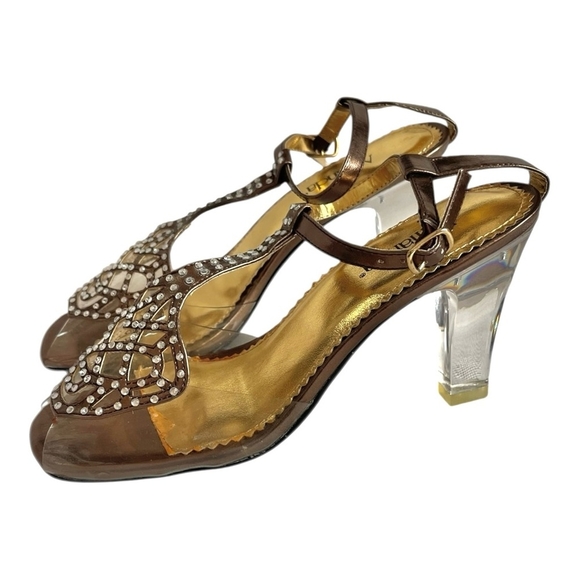 NIB AMANDA Martini Metallic Gold Women’s Shoes Clear Heels Rhinestone Sandals 36 - Picture 6 of 8